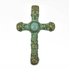 2 Bronze and Turquoise CROSS Pendants, bronze base with green verdigris patina, turquoise cabochon, rustic metal relic, 40x25mm, chb0436