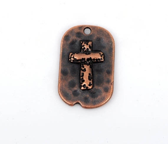 5 Copper Rustic Cross Dog Tag Charm Pendants, Metal Cross Charms, Hammered Metal, Embossed Cross, 29x18mm, chc0045