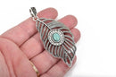 Large Silver FEATHER Pendant, Rhinestones and Faux Turquoise Cabochon, 3" long chs2651