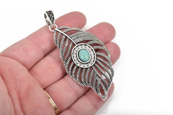 Large Silver FEATHER Pendant, Rhinestones and Faux Turquoise Cabochon, 3" long chs2651