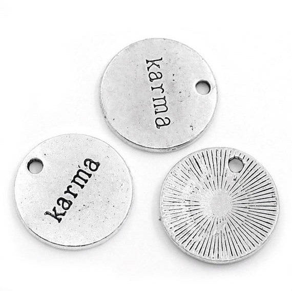 6 pc.  Antique Silver Tone Metal KARMA Circle Charm Pendants  20mm  chs0580