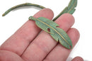5 FEATHER Bracelet Connector Links, BRONZE oxidized metal charms with green patina, curved bracelet charms, 57x15mm, 2-1/4" long, chb0461