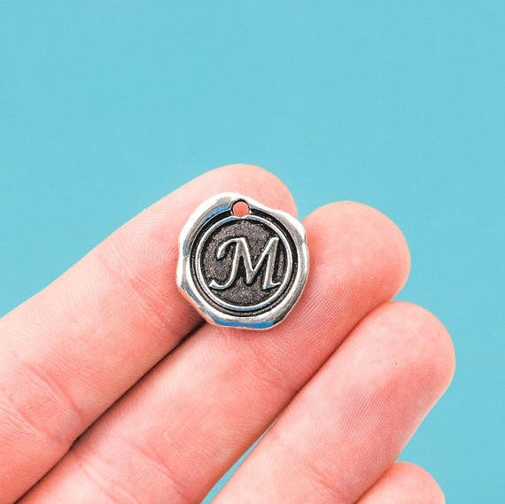 6 Letter M Wax Seal Charms, Monogram Initial Alphabet Stamped, antique silver metal,  18mm, 3/4" diameter chs1932