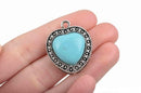 2 HEART Charms, Silver and Faux Turquoise Heart Charms, 25mm wide, chs2873