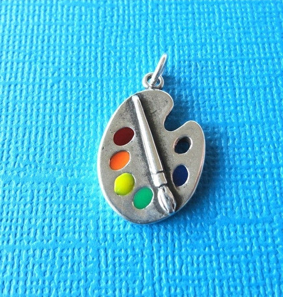 Sterling Silver Artist Painters Palette with Brush Charm Pendant for your favorite chain or bracelet . RARE . Hard to Find pms0241