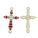 5 RED Enamel and Light Gold Plated FANCY Cross with Rhinestones Connector Charms, chg0380