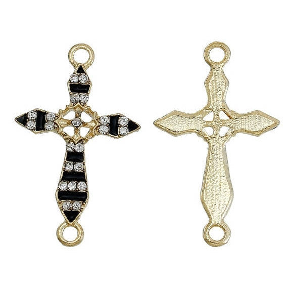 5 BLACK Enamel and Light Gold Plated FANCY Cross with Rhinestones Connector Charms, chg0378