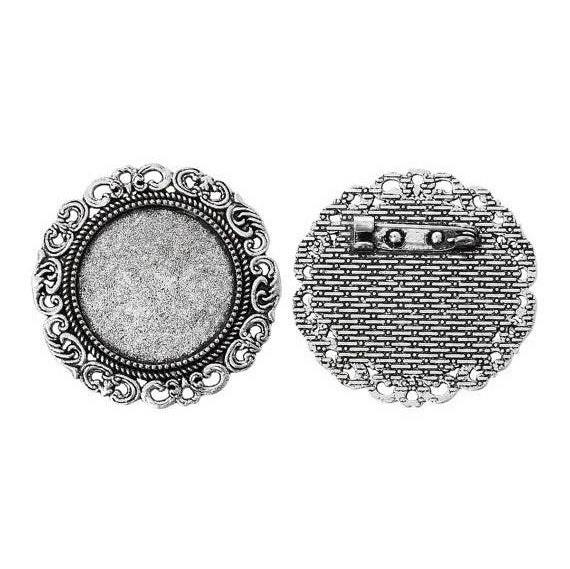 5 Silver Circle Round Brooch Pin with Filigree Bezel Cabochon Tray, 1" Bezel Tray (fits 25mm) pin blanks, pin0091a