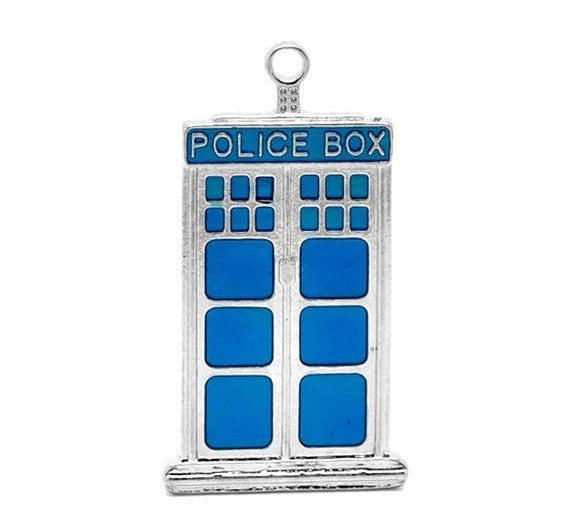 1 Large Blue Enamel and Silver Metal POLICE BOX Charm Pendant. Che0019