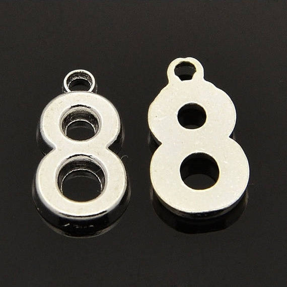6 Silver Plated Number 8 (eight) Charms, 18mm tall, about 3/4" chs2118