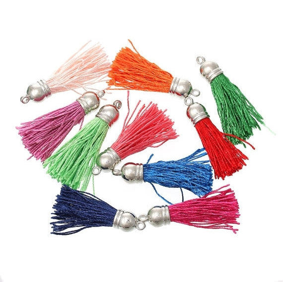 30 Mixed Color Thread Tassel Charm Pendants, SILVER base, 4cm long  cho0100