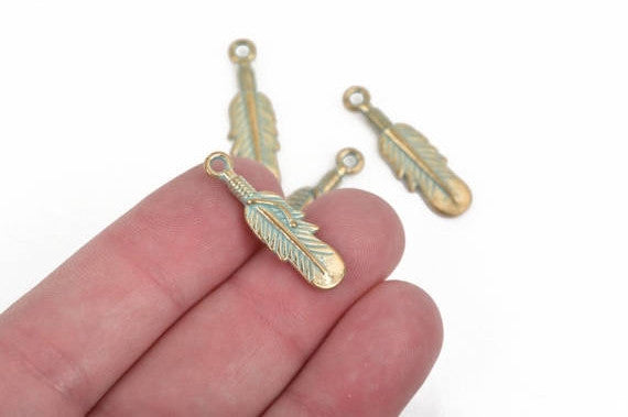 10 Gold Patina FEATHER Charms, Light Gold verdigris feather charms, Gold verdigris green feather pendants, 27x8mm, 1-1/8" long, chg0582