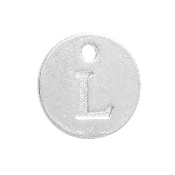 10 Letter L Alphabet Charms Silver Plated Monogram, double sided round disc letter charms, dot charms, 12mm, (1/2") chs2546