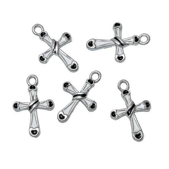 5 CROSS Charms, Black and White, Silver Tone Pewter with Enamel, Cross Pendants, che0489