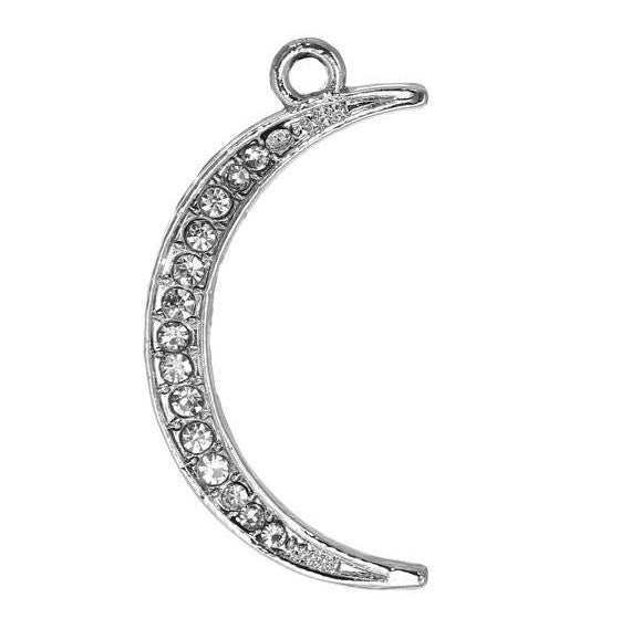 5 CRESCENT MOON Charm Pendants, Silver Metal with Rhinestones, 34x18mm, chs2337