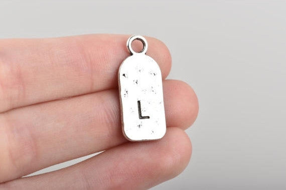 5 Letter L Monogram Initial Letter Stamped Rectangle Tag Charms, Hammered Antiqued Silver Tone Metal, 27x12mm, chs2610