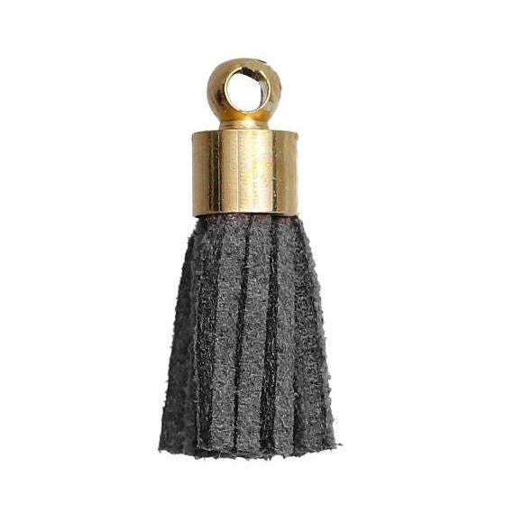 10 Tiny DARK GRAY / Grey Velvet Suede Tassel Charm Pendants, gold-plated base 17mm long . cho0172