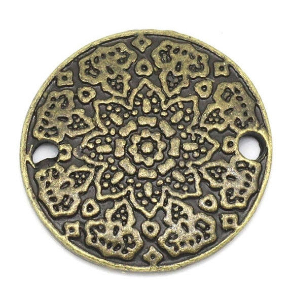 10 Bronze Pewter Metal Round MANDALA  FLOWER Circle 2-hole Connector Charm Beads 19mm . chb0217