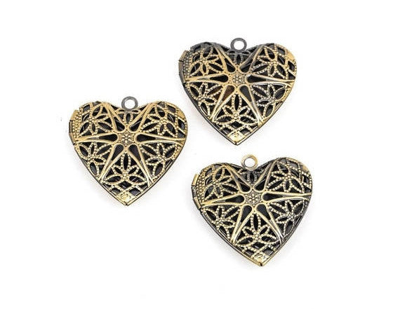 4 Bronze Picture Photo Locket Frame Pendants, Perfume Diffuser, HEART SHAPE with Filigree chb0360