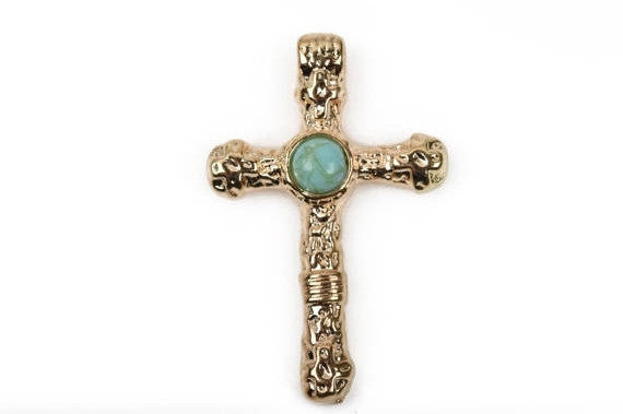 2 Light Gold and Turquoise CROSS Pendants, Light gold base with turquoise cabochon, rustic metal, 40x25mm, chg0410