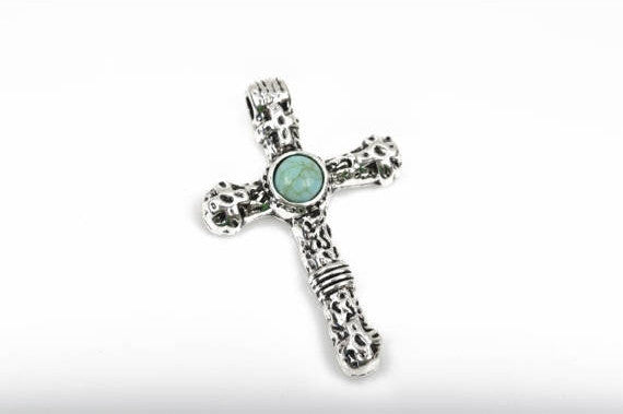 2 Silver and Turquoise CROSS Pendants, Antiqued silver base with turquoise cabochon, rustic metal, 40x25mm, chs2470