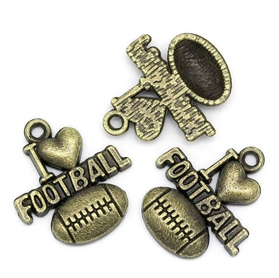 6 I LOVE Football Heart Bronze Metal Pendant Charms . 20mm x 18mm.  chb0085