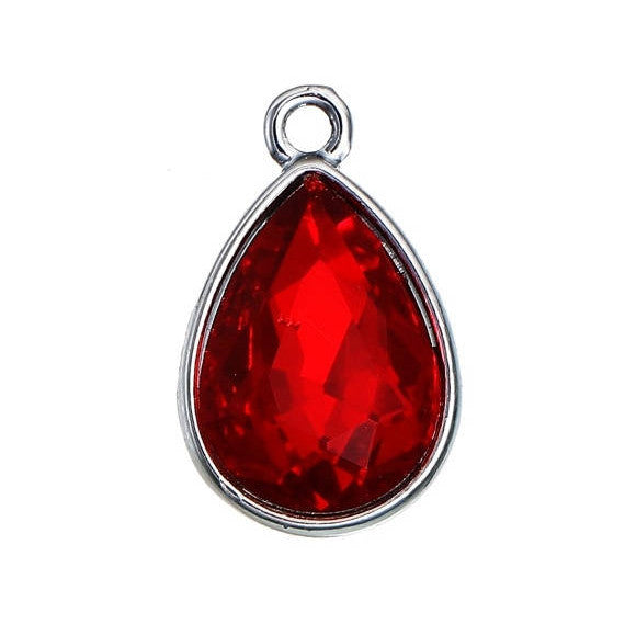 10 DARK Garnet RED Rhinestone Teardrop Drop Charms, Crystal Glass in Silver Tone Bezel, January Birthstone, 19x12mm, chs2791