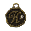 4 pcs Letter K Monogram Wax Seal Bronze Charm Tags, with crystal rhinestone, 3/8"  chb0347