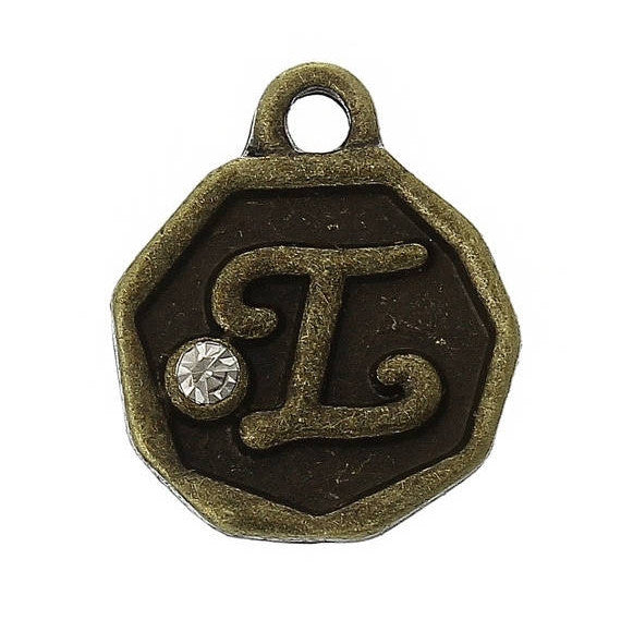 4 pcs Letter I Monogram Wax Seal Bronze Charm Tags, with crystal rhinestone, 3/8"  chb0352