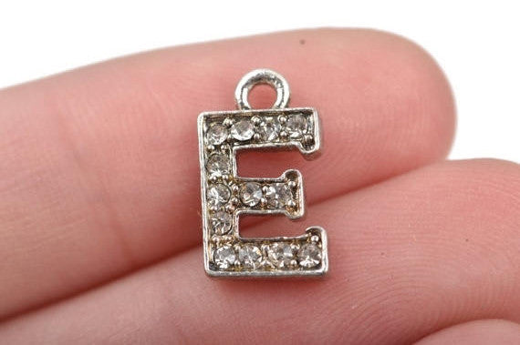 4 Letter E Monogram Initial Letter Charms, Rhinestones embedded in silver metal, 15mm (5/8") - chs2629