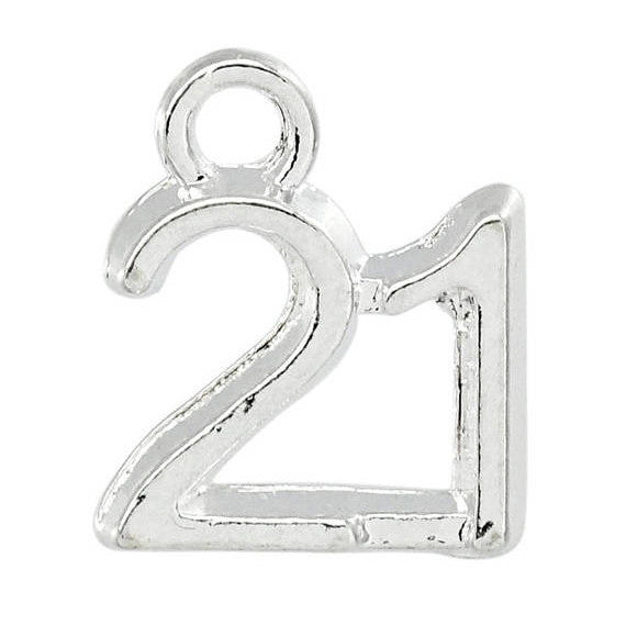 6 Number 21 Charms, Silver Plated Pendants, number TWENTY ONE, chs1973
