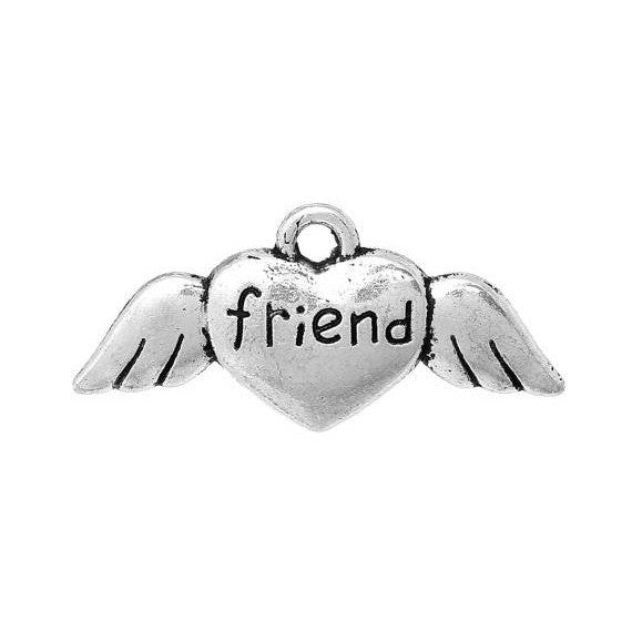 10 Silver Metal Stamped Word FRIEND Heart with Wings, Tag Charm Pendants chs0474