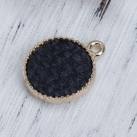5 Gold-Plated Circle Disc Charm Pendants with JET BLACK Faux Leather Cabochon, 16mm dia, chg0572