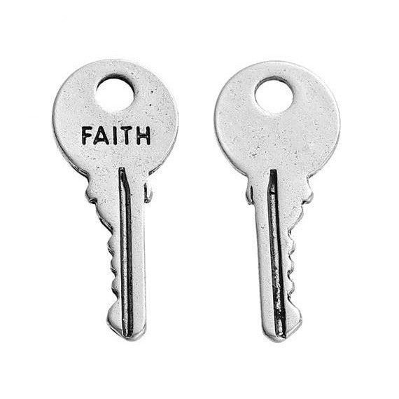 10 Small Silver FAITH KEY Charms, Antiqued Silver Metal with Faith stamped on one side, 25x11mm, chs2750