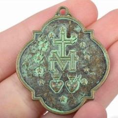 4 Bronze Patina Relic Charm Pendants, religious medal coin charms with green verdigris patina, double sided design, 40x34mm, chs2879