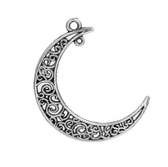 5 Silver FILIGREE MOON Charm Pendants, Large Crescent Moon, 41x36mm, chs2449