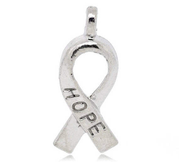 10 Silver Tone "Hope" Awareness Ribbon Charm Pendants  chs1515