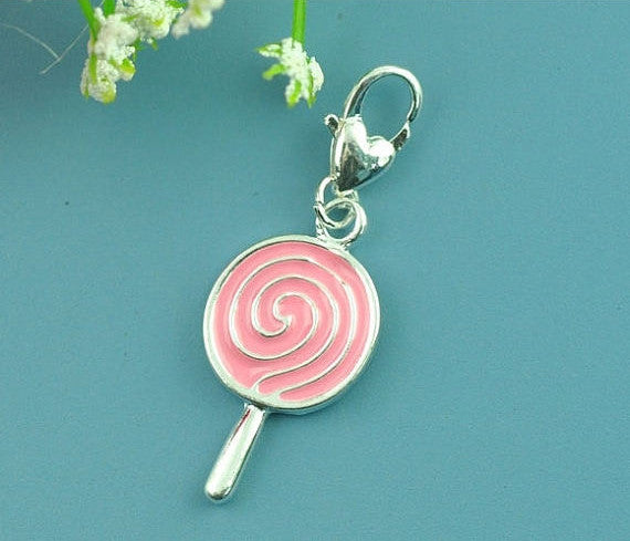 1 Silver and PINK Enamel Swirl Lollipop Clip-On Charm  che0354