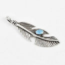 4 Silver FEATHER Charm Pendants, turquoise blue enamel accent, 1.5" long  che0457