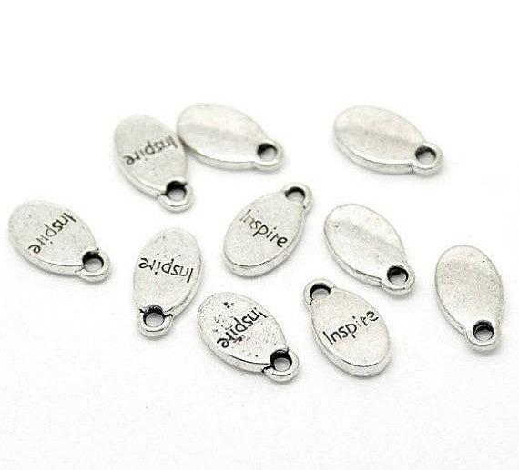 10 Oval INSPIRE Pewter Charm Pendants . chs1159