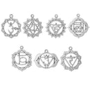 7 Silver CHAKRA Charm Pendants set, one of each design, meditation yoga charms, 1-1/8" to 1-3/8" diameter chs2434