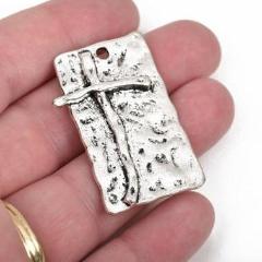 2 Large CROSS Charm Pendants, silver base with soldered cross, rustic hammered metal, 42x26mm, chs2530