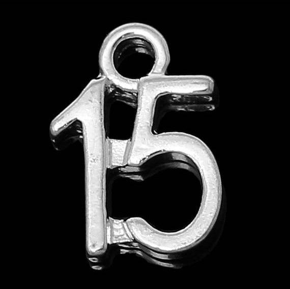 6 Number 15 Charms, Silver Plated Pendants, number FIFTEEN, chs1976