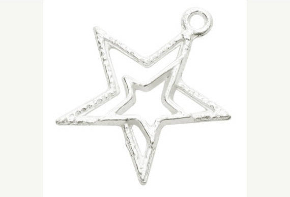 10 Bright Silver Plated Metal OPEN DOUBLE Star Charms chs0765