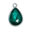 10 DARK EMERALD Green Rhinestone Teardrop Drop Charms, Crystal Glass in Silver Tone Bezel, May Birthstone, 19x12mm, chs2787