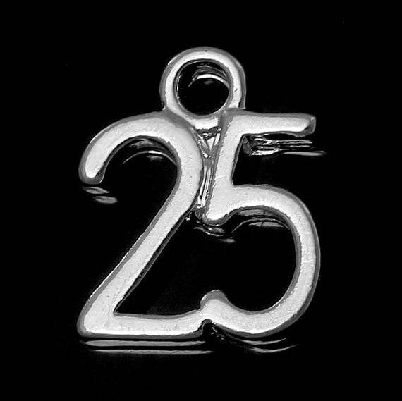 6 Number 25 Charms, Silver Plated Pendants, number twenty five, chs2042