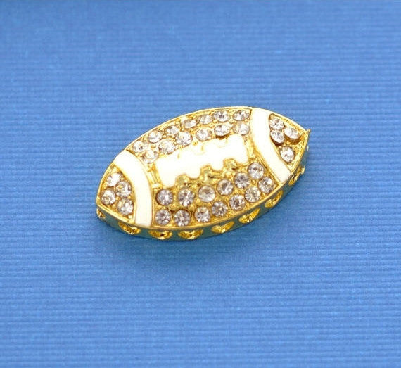 Rhinestone Bright Gold and White Enamel FOOTBALL . Sideways Connector Charm  CHG0019