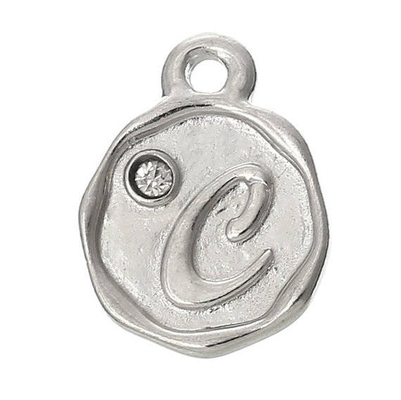 4 pcs Letter C Monogram Wax Seal Silver Charm Tags, with crystal rhinestone, 3/8"  chs1803