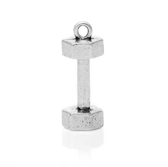 3 Silver Tone BARBELL Weightlifting Charms Pendants, 25mm long, chs1165