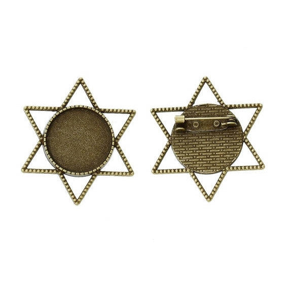 50 Bulk STAR OF DAVID Brooch Pin Blanks, Antiqued Bronze, with Bezel Cabochon Tray, 3/4" Bezel Tray (fits 20mm), pin blanks, pin0088b